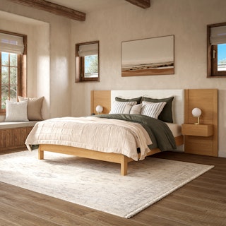 Cassie Queen Bed with Nightstands - Oak and Ivory Chenille